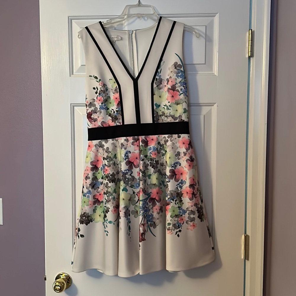 Ted Baker London White Floral Fit & Flare Dress with Black Trim